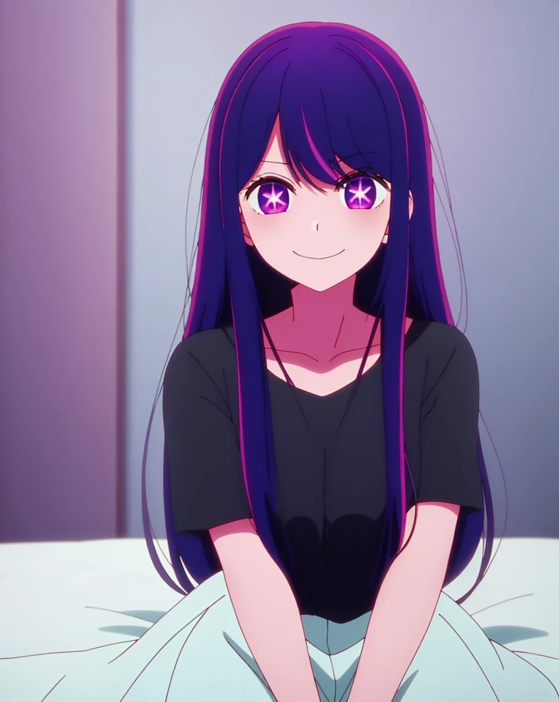in bed, purple color hair and purple eyes, black t-shirt, anime visual of a cute girl, screenshot from the anime film, & her expression is solemn, in the anime film, in an anime, anime visual of a young woman, she has a cute expressive face, still from anime, red cheek, lustful face, fair skin, look, looking at the viewers with a cute smile on her face, make her as cute as possible
