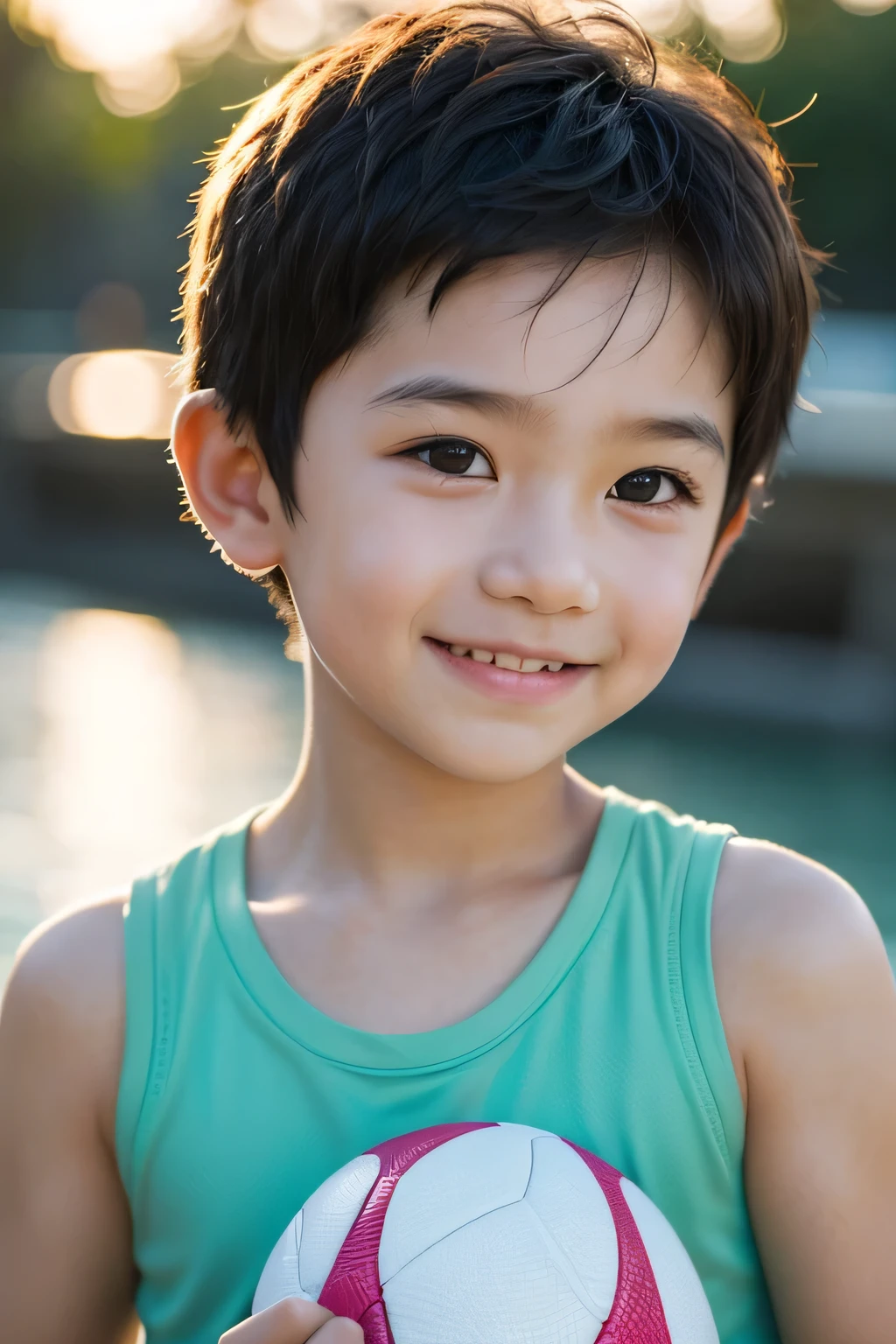 here is a Arafed little boy hall, wearing a singlet, a little smile, looking at viewer, Cute boy, close up portrait shot, Happy kids, Young boy, joyful expressions, medium portrait soft light, kid a, young cute asian face, real child body lines, at the water park, at sunset, the sunlight casting a subtle glow on his face, emphasizing his features and creating a dynamic visual, good lighted photo, portrait soft light, Make a Disney avatar feel