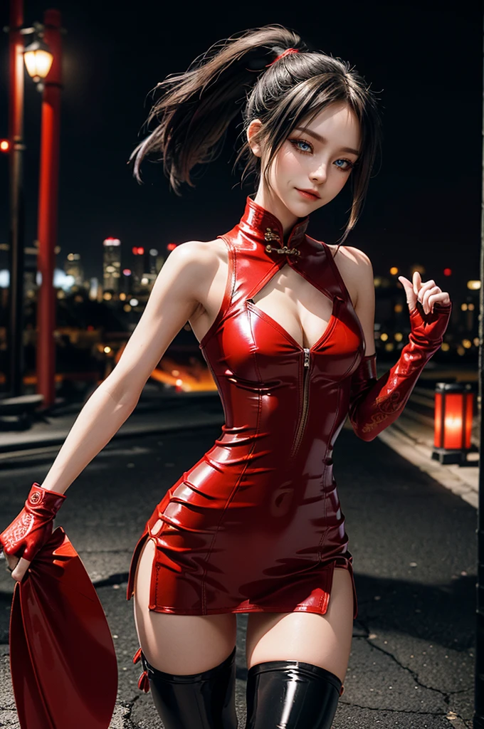 (RAW photo, best quality), Cute girl with short black hair, (ponytail), (city roof at night background), low light , dark eyeliner, cute smile, gorgeous face , super cute, 18 years old , young looking, hyper detailed face, dark eyeliner, (medium breast), (thin waist, super slender), (bare shoulders, (exposed hips), skintight and red PVC qipao china dress with yellow dragon decoration and vivid patterns, deep black leather thigh high boots, ((red PVC fingerless gloves)), cleavage, ((both hands on waist)), one leg in front of the other, (((very extremely small small navel exposure))), (thigh belt)