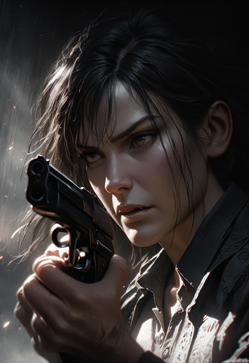 a cold and calculating man with a gun, highly detailed portrait, dramatic lighting, chiaroscuro, cinematic composition, hyperrealistic, 8k, photorealistic, digital art, oil painting, masterpiece, dramatic lighting, moody atmosphere, intense gaze, sharp focus, perfect rendering, vivid colors, strong contrasting shadows, dynamic pose, gun in hand, serious expression, mature features, greyscale, cinematic, dark and moody, sinister, imposing, gripping, powerful, realistic, lifelike, intense details, intricate textures, dramatic composition, captivating, striking, evocative