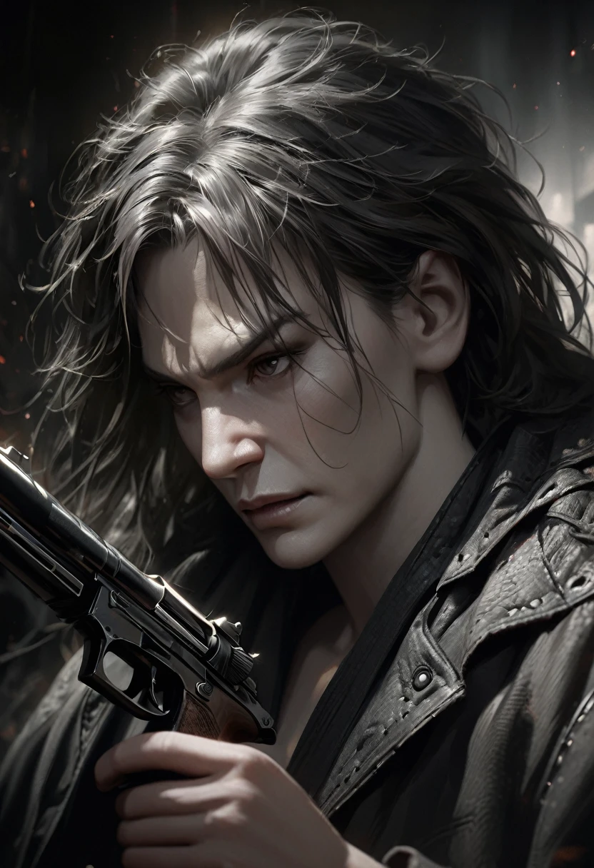 a cold and calculating man with a gun, highly detailed portrait, dramatic lighting, chiaroscuro, cinematic composition, hyperrealistic, 8k, photorealistic, digital art, oil painting, masterpiece, dramatic lighting, moody atmosphere, intense gaze, sharp focus, perfect rendering, vivid colors, strong contrasting shadows, dynamic pose, gun in hand, serious expression, mature features, greyscale, cinematic, dark and moody, sinister, imposing, gripping, powerful, realistic, lifelike, intense details, intricate textures, dramatic composition, captivating, striking, evocative