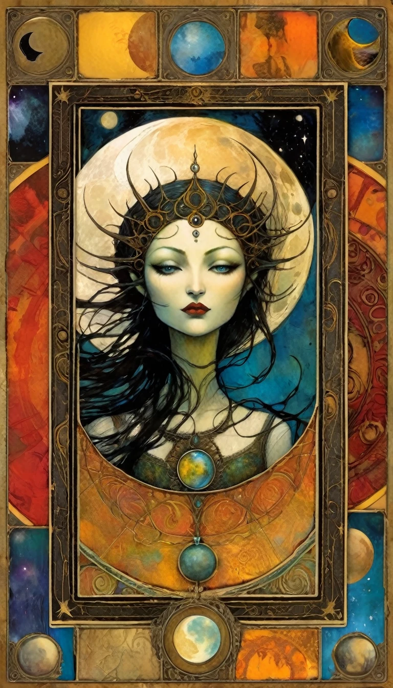 ((tarot card)) THE MOON ((card frame)), work by Dave mcKean, vivid colors, intricate details, oil.