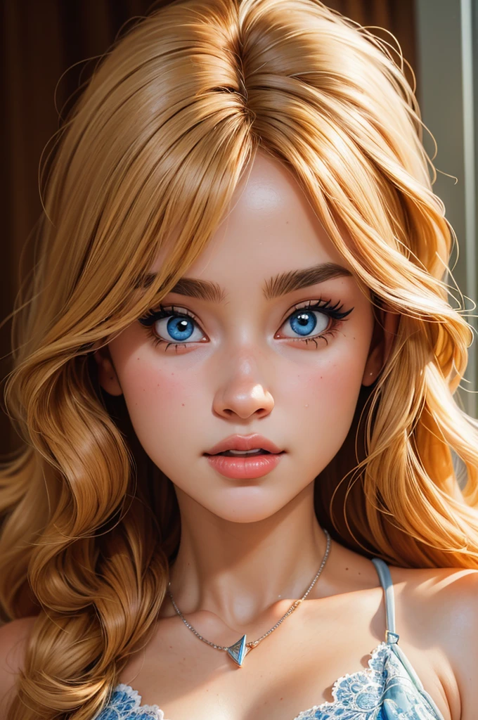 (Masterpiece, Professional lighting, 16k, 8k wallpaper, raw photo, photorealistic:1.8, ultra detailed, natural  lighting, detailed skin, detailed face, detailed eyes), 1 beautiful girl, long curly blond hair with bangs,  necklace, blue eyes, sexy gaze
