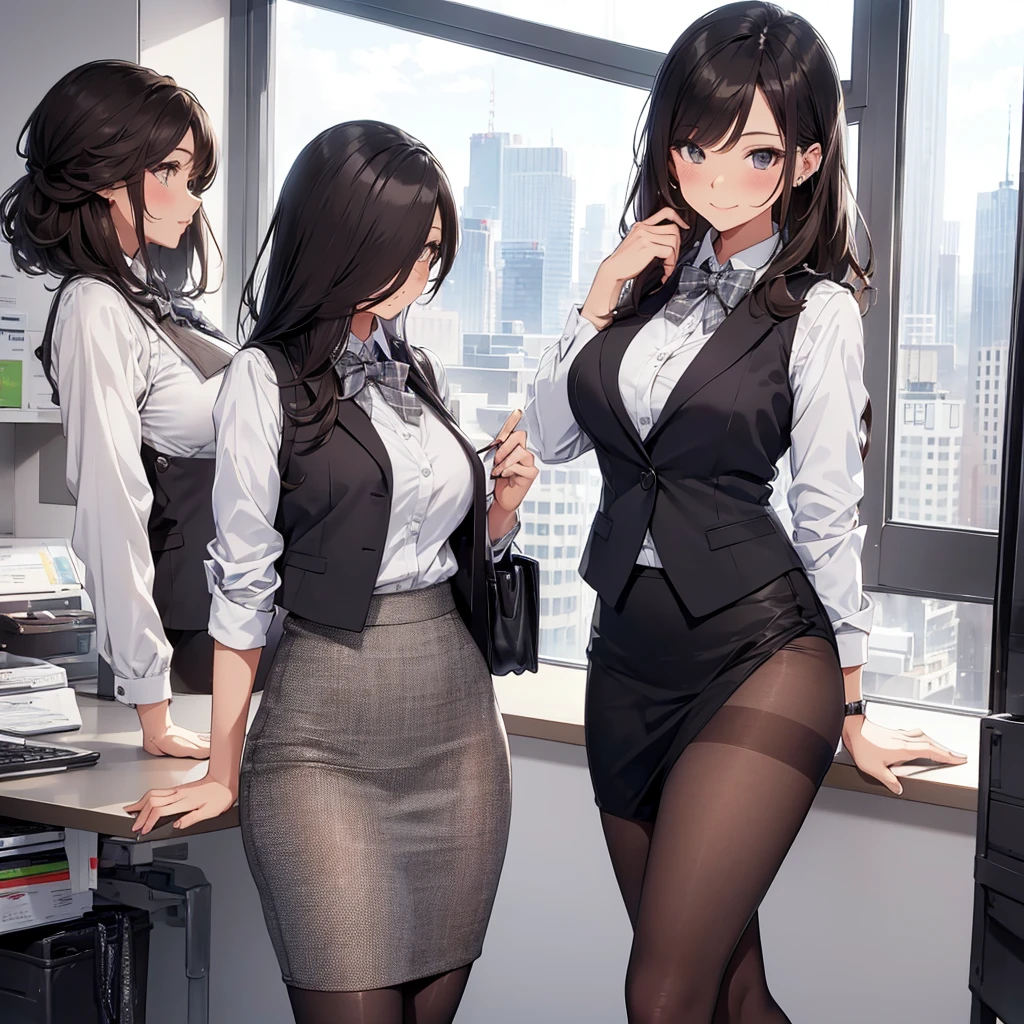 1lady standing, office worker, receptionist, (vest with white and gray checks:1.2) (navy pencil skirt) bowtie, mature female, /(black hair/) bangs, blush kind smile, (masterpiece best quality:1.2) delicate illustration ultra-detailed, large breasts BREAK (modern office indoors), window cityscape, detailed background,(((brown _pantyhose,))