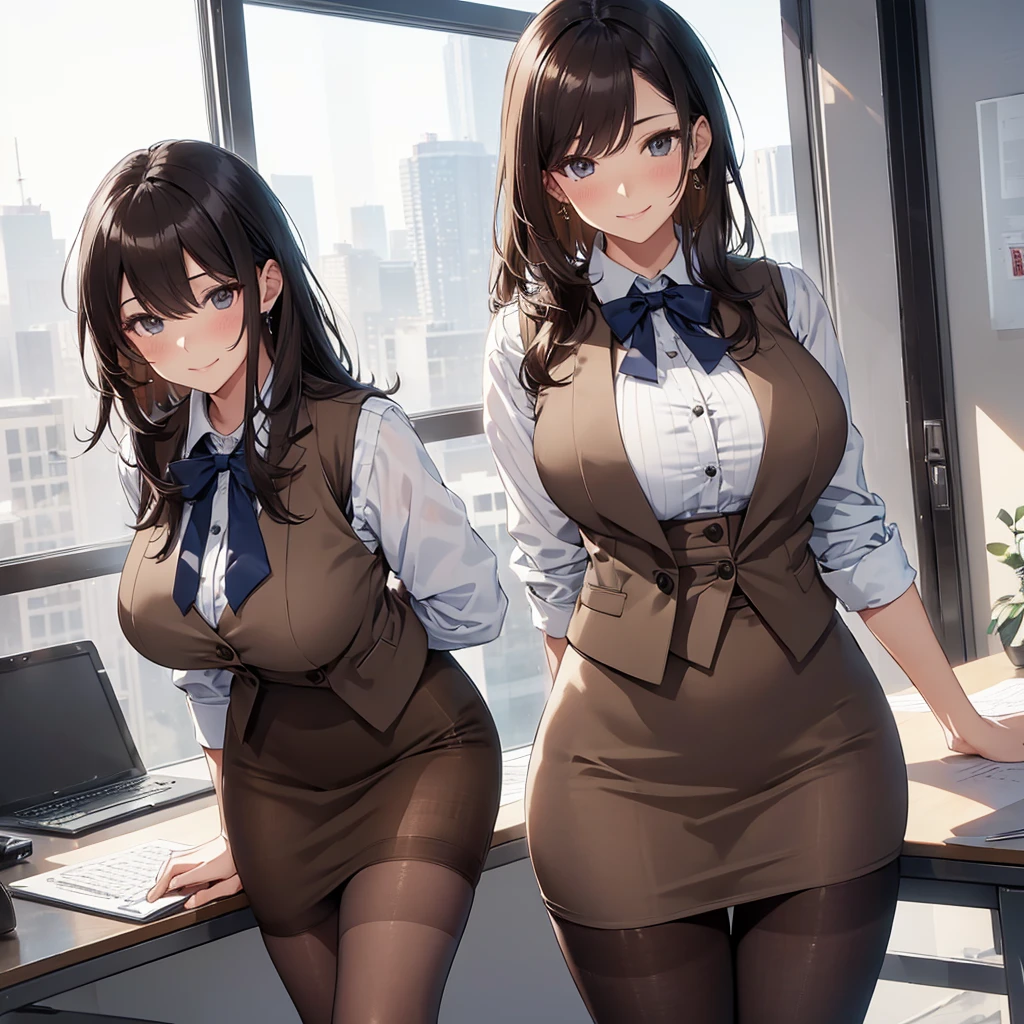 1lady standing, office worker, receptionist, (vest with white and gray checks:1.2) (navy pencil skirt) bowtie, mature female, /(black hair/) bangs, blush kind smile, (masterpiece best quality:1.2) delicate illustration ultra-detailed, large breasts BREAK (modern office indoors), window cityscape, detailed background,(((brown _pantyhose,))