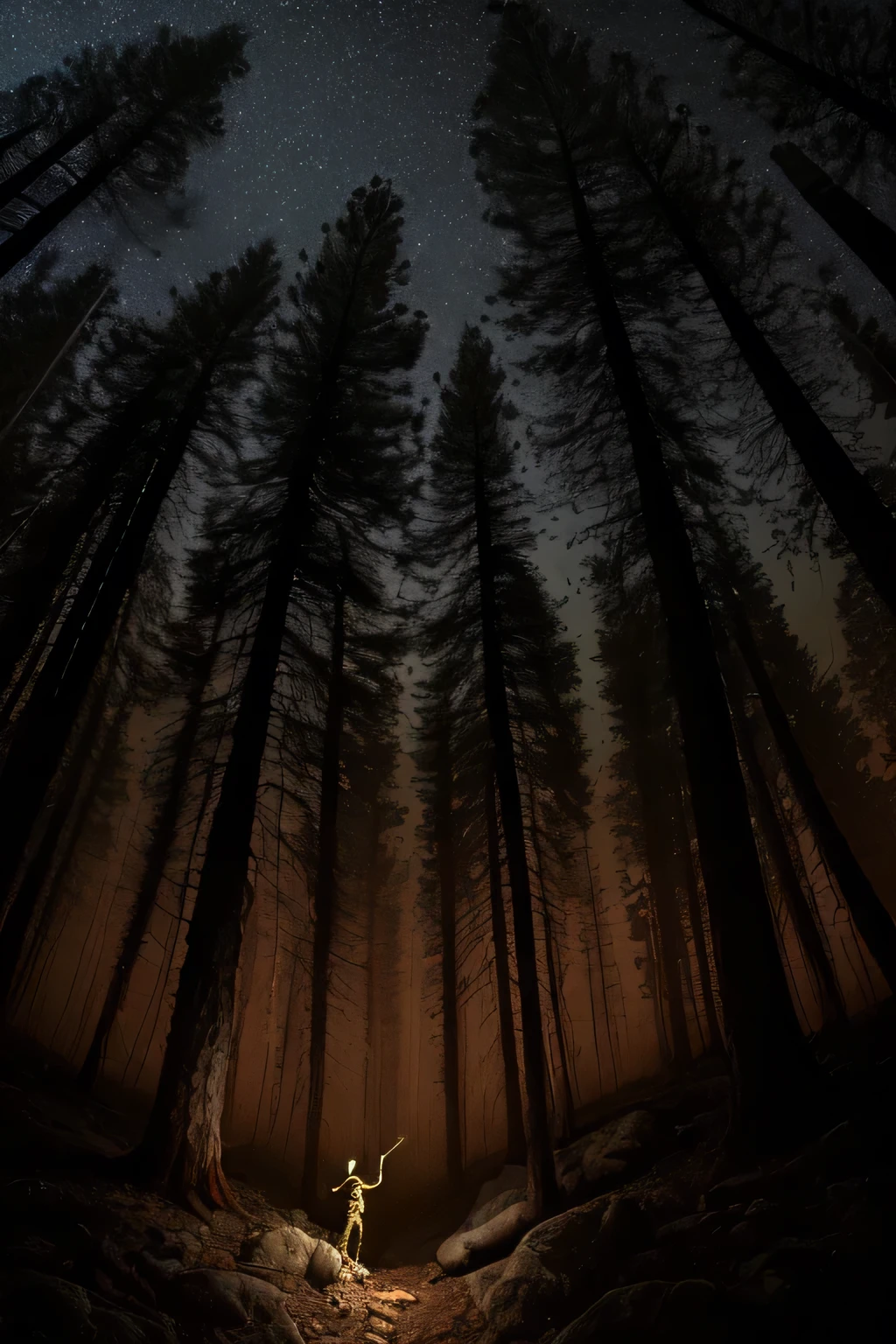 ((best qualityer)), ((realisitic)), (detailded), 1 human in a scary dry pine forest at night