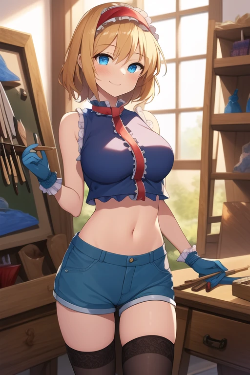 ((best quality)), ((masterpiece)), (detailed), 1girl, touhou, Alice Margatroid, Artisan workshop background, sun light, blue eyes, smiling expression, blue crop top, female shorts, blue artisan gloves, full body, wide shot, artisan tools, holding artisan tools, blue thigh high