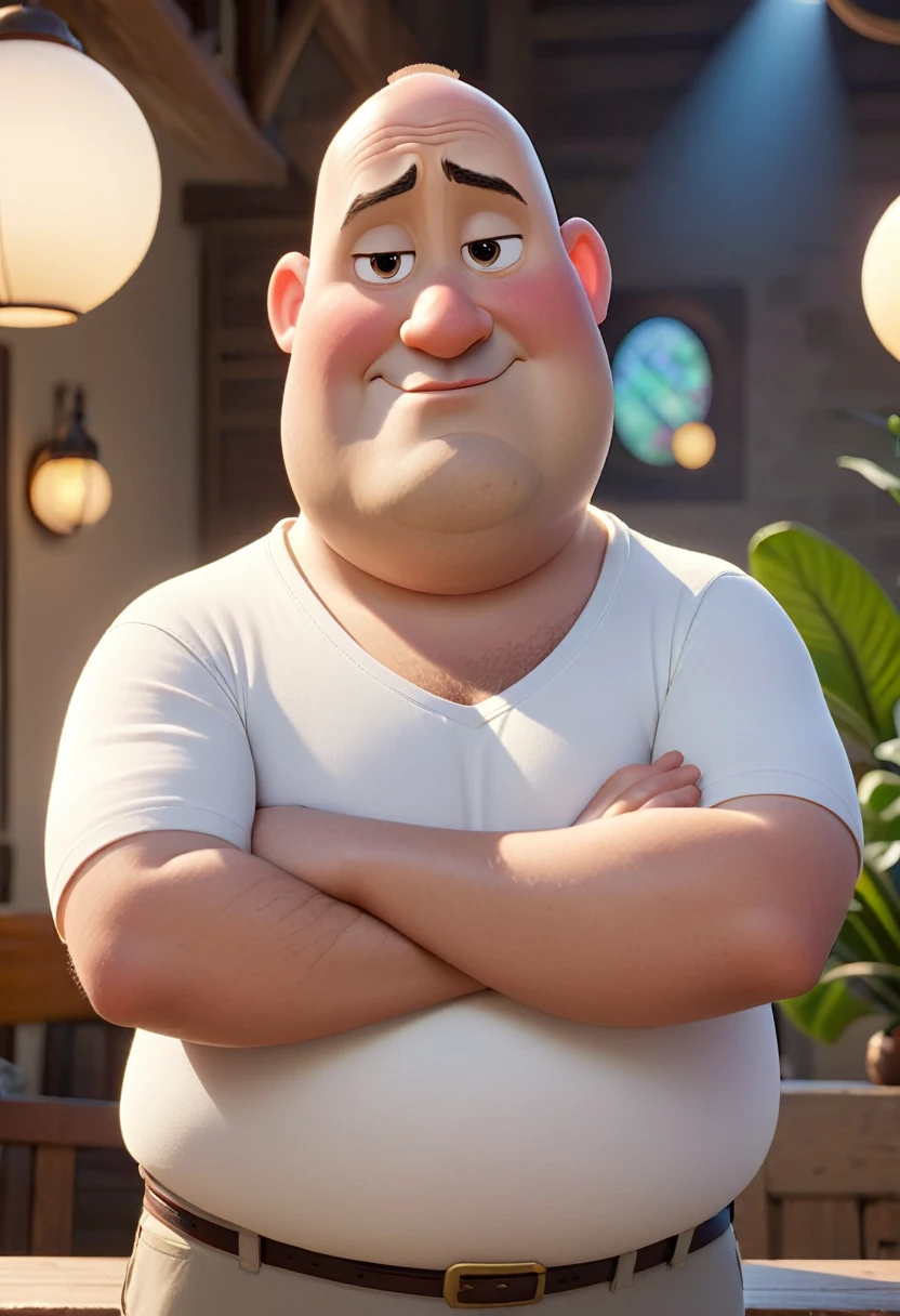 Create a Disney Pixar-style character of a 45-year-old man, baldie, plumpness, chubby cheeks, white undershirt, looking at the camera, With arms crossed, foto perfil, commercial shot., face is brightly lit