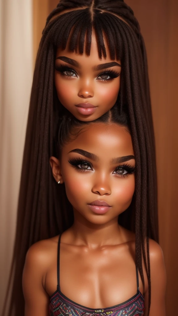 Preeteen, dark brown skin girl,16 years old, huge gorgeous afro hair and big eyes, wearing a dress, soft expression. semi realistic. flat figure,