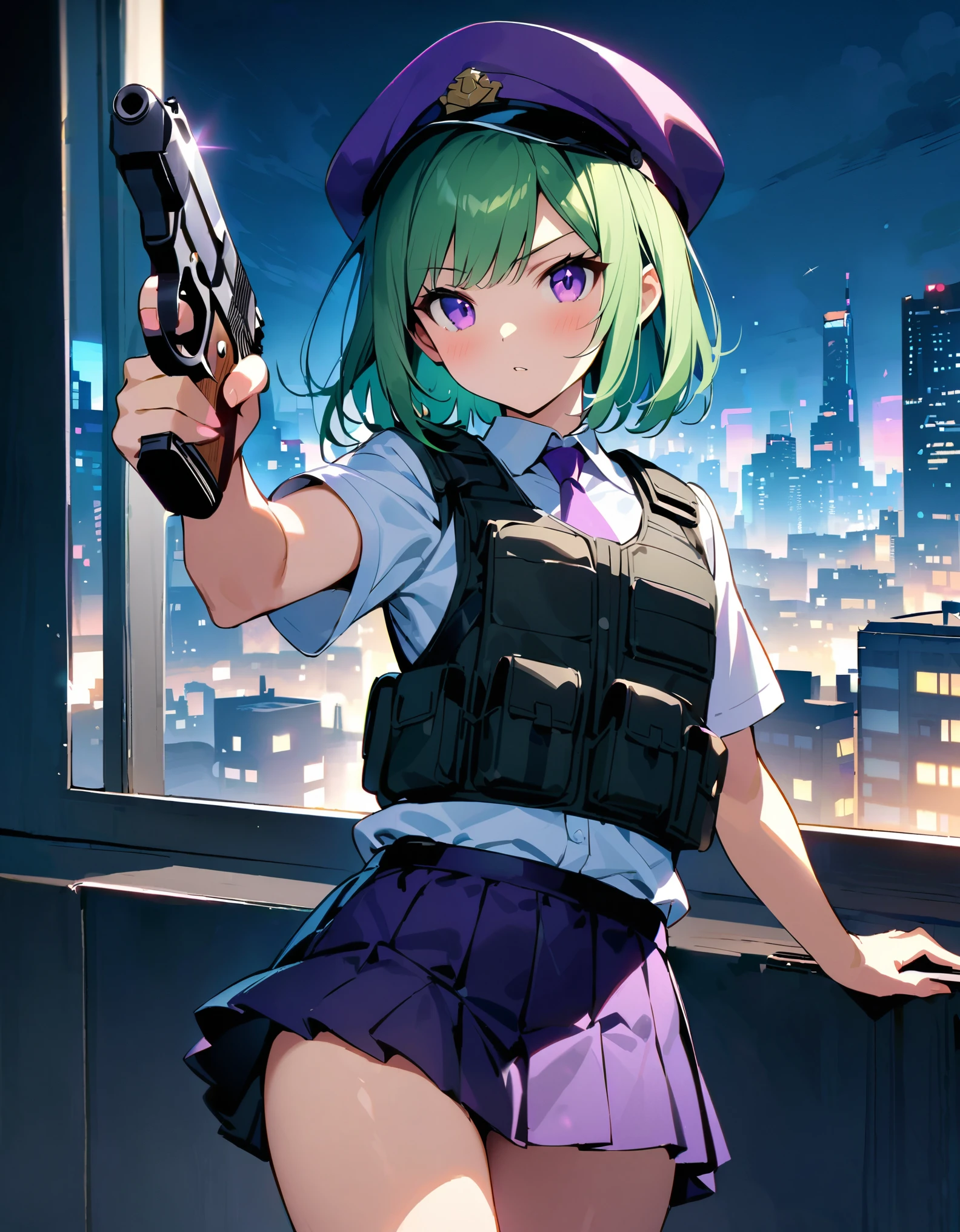 masterpiece, best quality, hires, top-quality、extremely delicate and beautiful、(a teenage girl)、purple eyes、green hair、short-haired、(purple pointy hat)、purple tie、solo、tactical vest、short sleeves. purple skirt, pleated skirt, miniskirt、(holding a pistol in her right hand, (beretta 92fs))、((pointing the gun to the front)). city backdrop, night, noir atmosphere. cowboy shot.