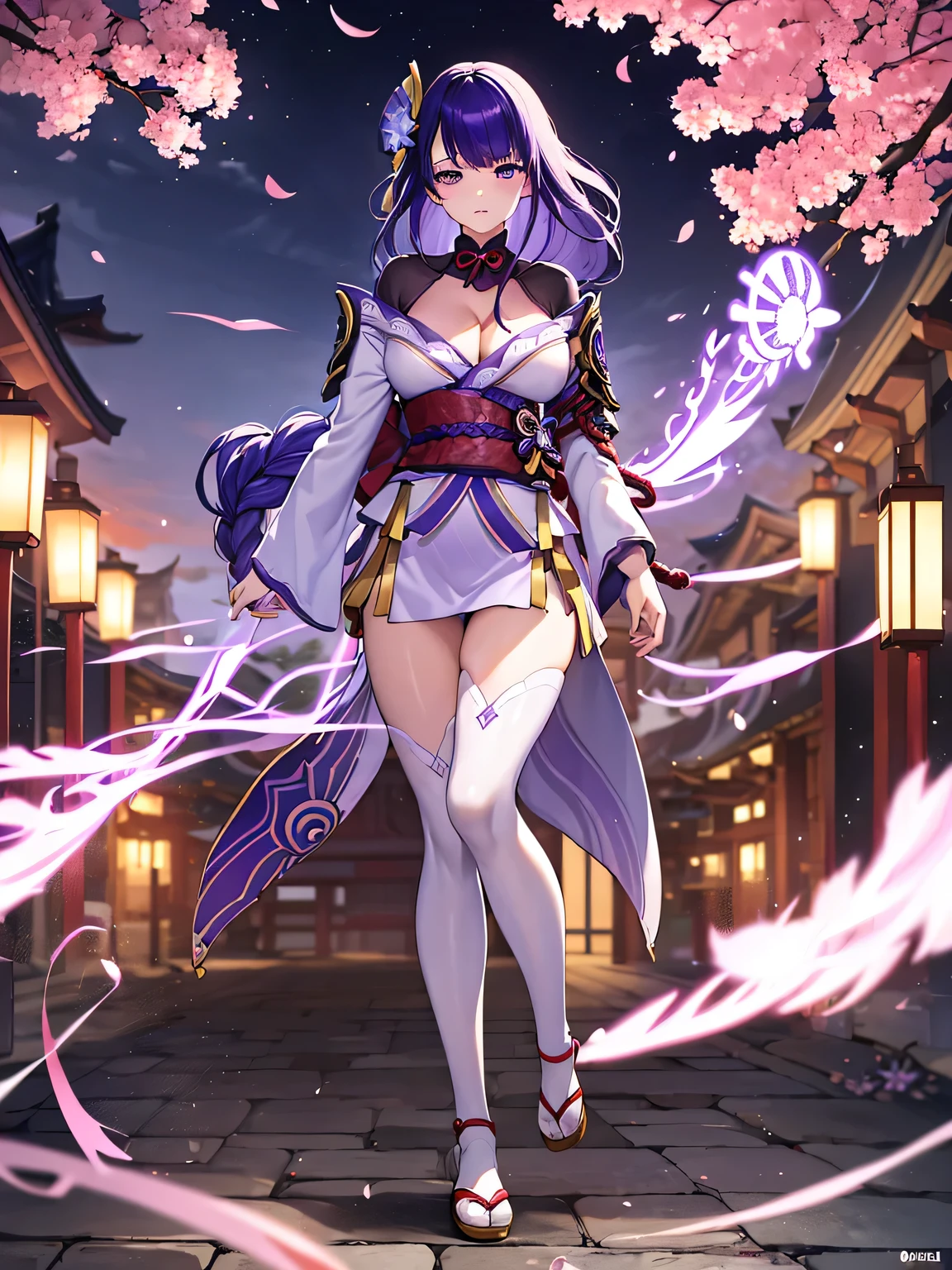 ((Full body image:1.4))Japanese Shrines, (Highest quality，Realistic,masterpiece:1.2，8k wallpaper:1.2)，((Pale skin))，One Girl，women only，((raidenshogndef))((Genshin Impact，General Raiden))，Lightning Particles，Purple Lightning，Light background，cherry blossoms，Purple Theme，Delicate facial features，Sexy and beautiful anime girls，General Raiden，Long purple hair，Rosy lips，Anime Mouth，(Very sad face)，large breasts, Beautiful cleavage,Slender figure、Thin legs
