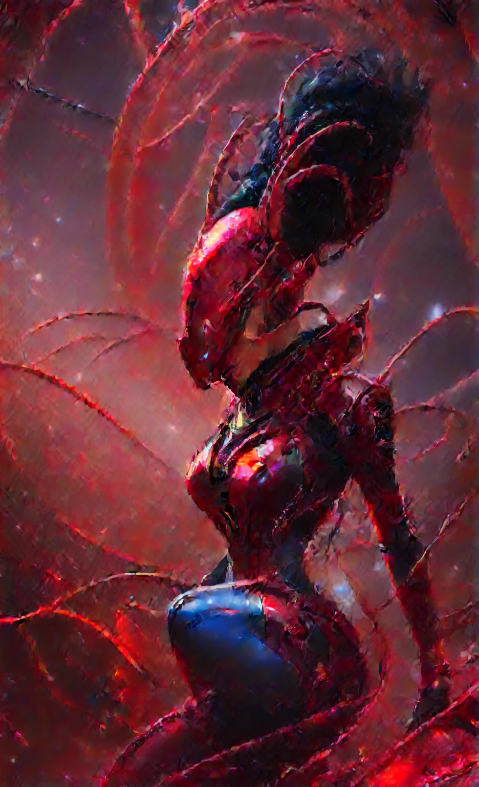a woman in red, her clothes are red with black dots like a ladybug, she has a wide cape with ladybug colors, smiling from behind fireworks are going off, the fireworks are very clear and can be seen like the Walt Disney fireworks, there are sun rays from behind and they light her like halo of rays