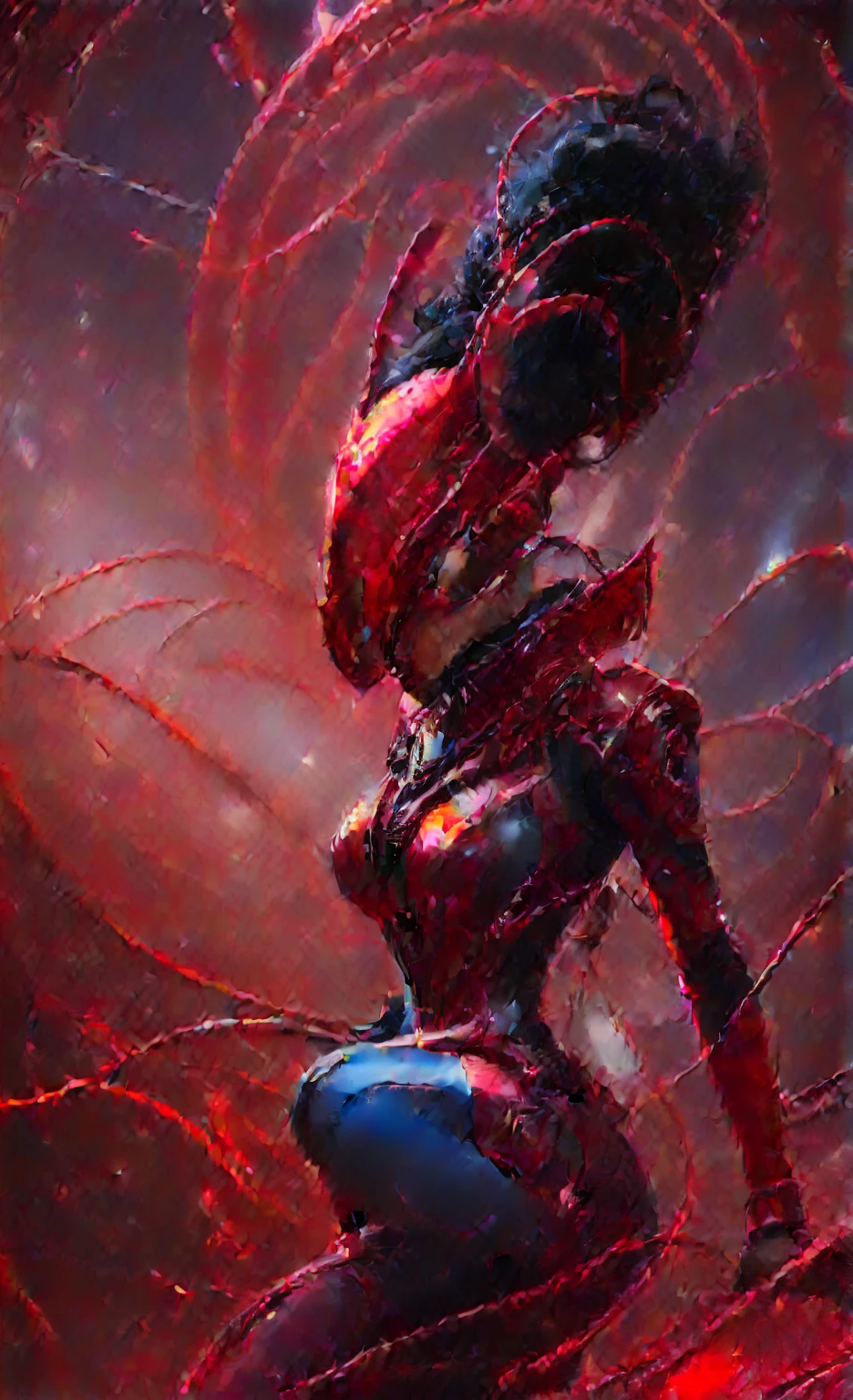 a woman in red, her clothes are red with black dots like a ladybug, she has a wide cape with ladybug colors, smiling from behind fireworks are going off, the fireworks are very clear and can be seen like the Walt Disney fireworks, there are sun rays from behind and they light her like halo of rays