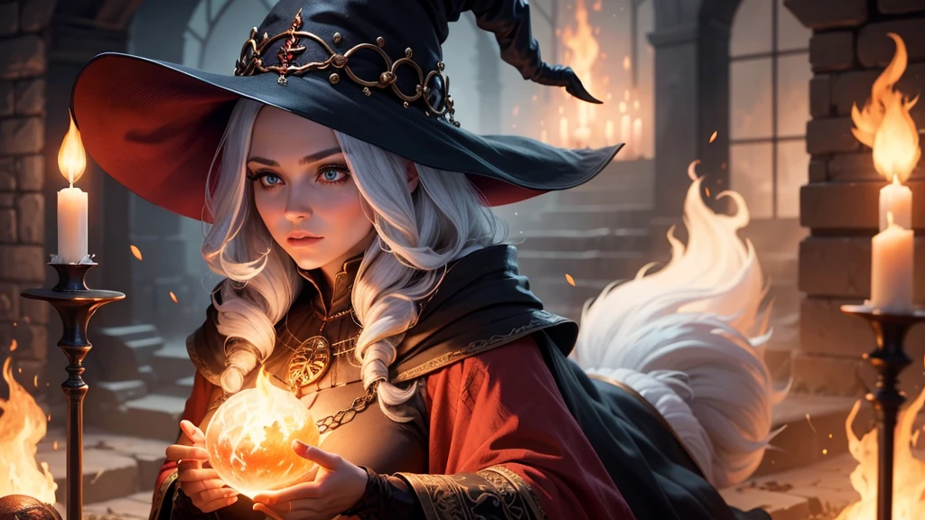Make a beautiful fire magic sorceress, wearing a nice big witch's hat, with short stylish flaming red hair, posing cinematically with his magic staff in the air launching a large fireball into the sky, shining bright eyes, usando um bodysuit sensual, ripped tights and beautiful boots with witchy high heels, showing off her beautiful toned body with beautiful curves, big breasts thin waist, abedome defined, environment of a gloomy forest on fire everywhere, depth effects, effects of fire particles, image with lots of details, full body view, beauty of flaming colors