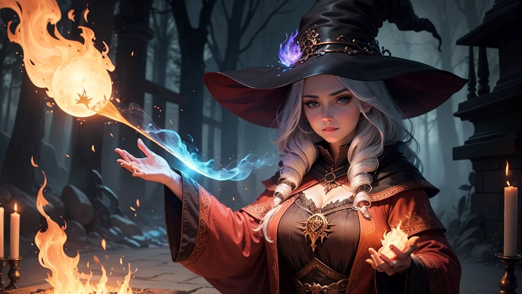 Make a beautiful fire magic sorceress, wearing a nice big witch's hat, with short stylish flaming red hair, posing cinematically with his magic staff in the air launching a large fireball into the sky, shining bright eyes, usando um bodysuit sensual, ripped tights and beautiful boots with witchy high heels, showing off her beautiful toned body with beautiful curves, big breasts thin waist, abedome defined, environment of a gloomy forest on fire everywhere, depth effects, effects of fire particles, image with lots of details, full body view, beauty of flaming colors