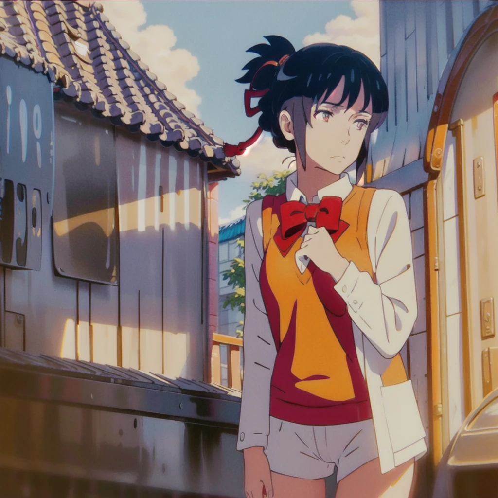 miyamizu_mitsuha, red bowtie,
jewelry, white yoga crop top, white yoga tight shorts, hands on chest,see-through, looking at viewer,  hair ornament, choker, shy,
(masterpiece, top quality, best quality, official art, beautiful and aesthetic:1.2), (1 girl), extreme detailed,  colorful, highest detailed,
(huge breasts:1.2, upper body, from below,  cameltoe,  ) white panties,
china city,street,  sun, cloud, wall, leaning, less clothes