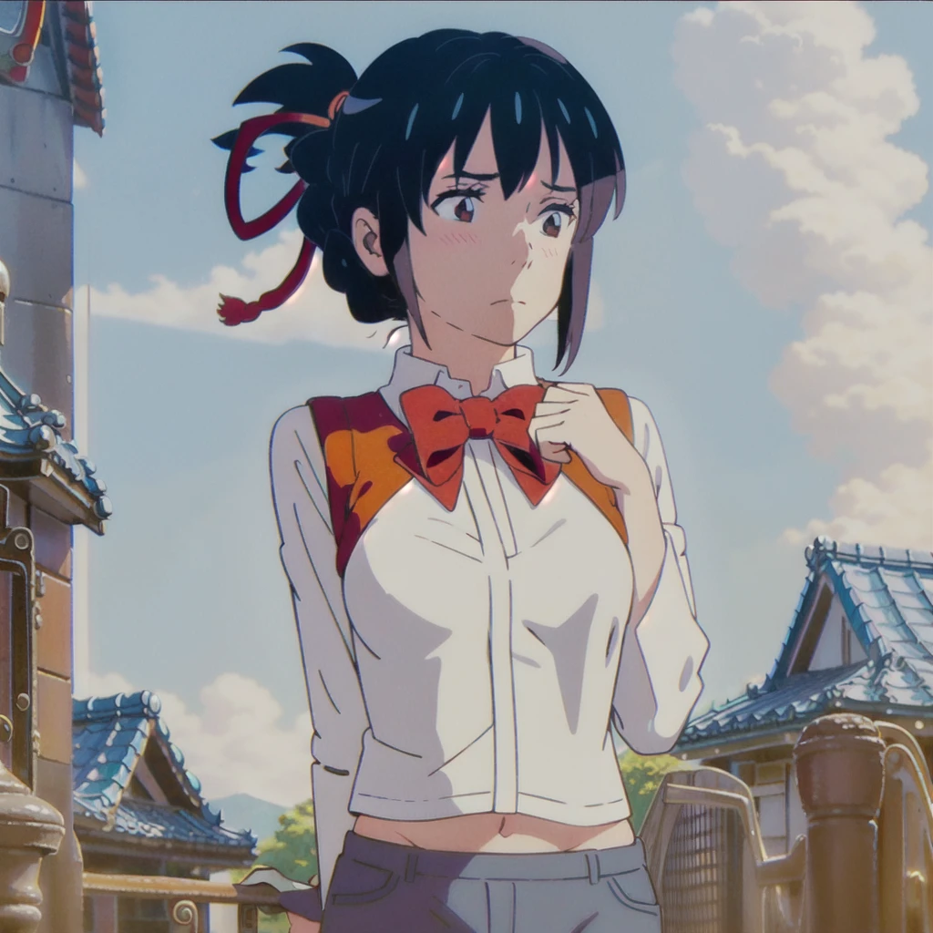 miyamizu_mitsuha, red bowtie,
jewelry, white yoga crop top, white yoga tight shorts, hands on chest,see-through, looking at viewer, hair ornament, choker, shy,
(masterpiece, top quality, best quality, official art, beautiful and aesthetic:1.2), (1 girl), extreme detailed, colorful, highest detailed,
(huge breasts:1.2, upper body, from below, cameltoe, ) white panties,
china city,street, sun, cloud, wall, leaning, less clothes