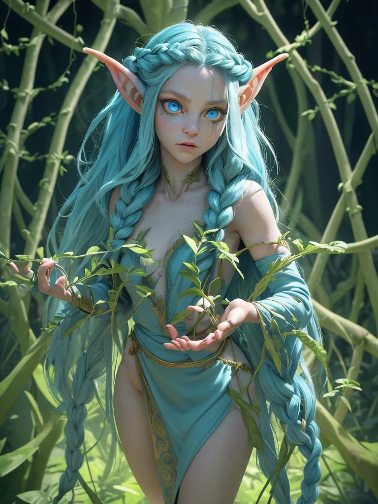 female cute elf, (anatomical biometrical hands), in a jungle, two braid hair, wearing elf dress, cute face , big beautiful blue eyes, full body, (hyper detailed eyes, hyper detailed face), 16k, 8k, RAW photo, best quality, masterpiece, high detail RAW color photo, dramatic lighting, cinematic lighting, back light, professional lighting