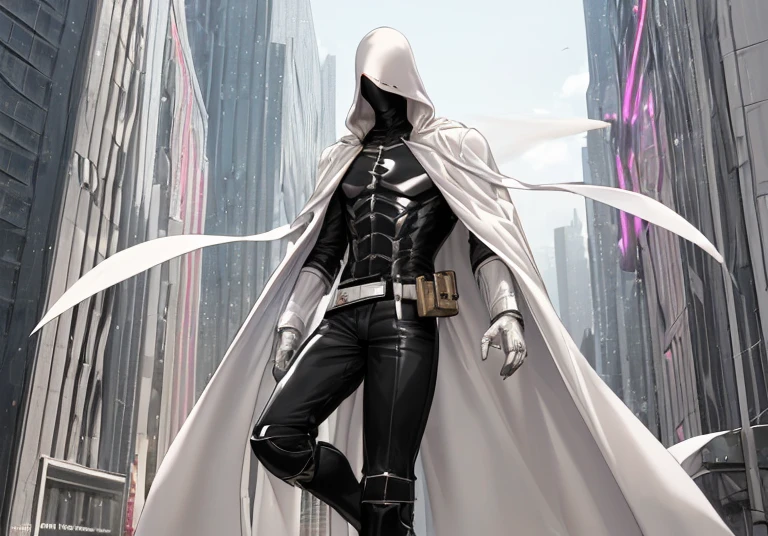 ((best quality)), ((masterpiece)), (detailed), 1 boy, torso, 19 years old, masked, white mask covering his entire head, smooth head, mask covering his mouth, large black glasses, black aviation mask, black collar, tall and thin, very thin, long beige trench coat, open trench coat showing his chest, black fingerless gloves, white wristbands, white nanotech suit, white chest, luminous pink letter "I" emblem on chest, letter I, black pants, white knee pads, metallic white shoes, superhero belt, nanotechnology in the air, flying on a building, city background, anime