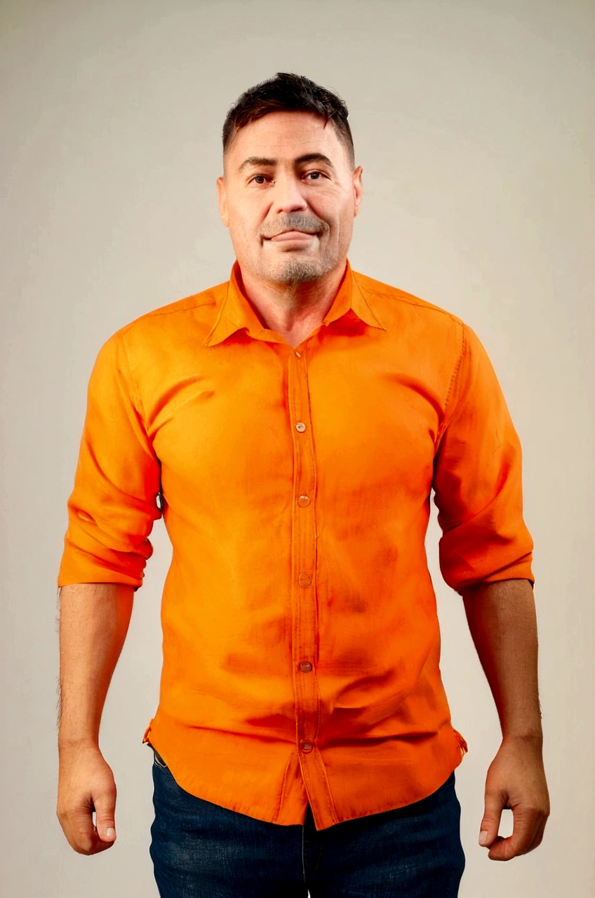 Cartoon character of a man in an orange dress shirt, Grinning, with short black beard, jeans, with the right hand making a thumbs up sign, with your left hand in your pants pocket, no image in the background an animated character, stylized character, animation style rendering, 3d stylized, Arnold Maya rendering, Stylized 3D rendering, toon render screenshot, 3d character, 3d character, Stylized 3D rendering, 3D character rendering, cartoon character, Personagem de close up, character posing, (Pixar-style) (master part:1.2) (bokeh) (best qualityer) (skin detailed) (detailed texture) (8K) (Argilla) (cinematic lighting) (sharp focus，Sit down and lift your upper body