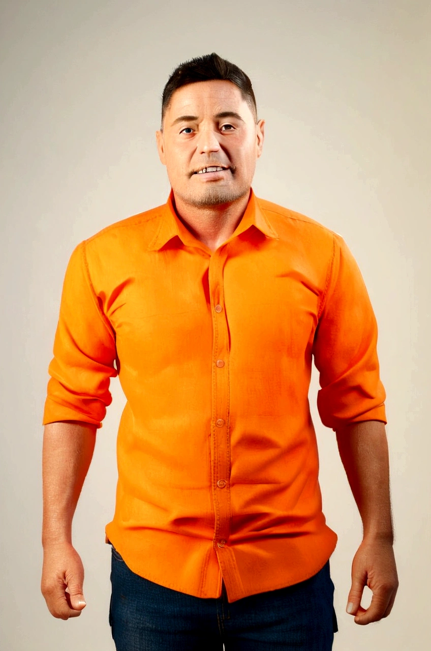 Cartoon character of a man in an orange dress shirt, Grinning, with short black beard, jeans, with the right hand making a thumbs up sign, with your left hand in your pants pocket, no image in the background an animated character, stylized character, animation style rendering, 3d stylized, Arnold Maya rendering, Stylized 3D rendering, toon render screenshot, 3d character, 3d character, Stylized 3D rendering, 3D character rendering, cartoon character, Personagem de close up, character posing, (Pixar-style) (master part:1.2) (bokeh) (best qualityer) (skin detailed) (detailed texture) (8K) (Argilla) (cinematic lighting) (sharp focus,Sit down and lift your upper body