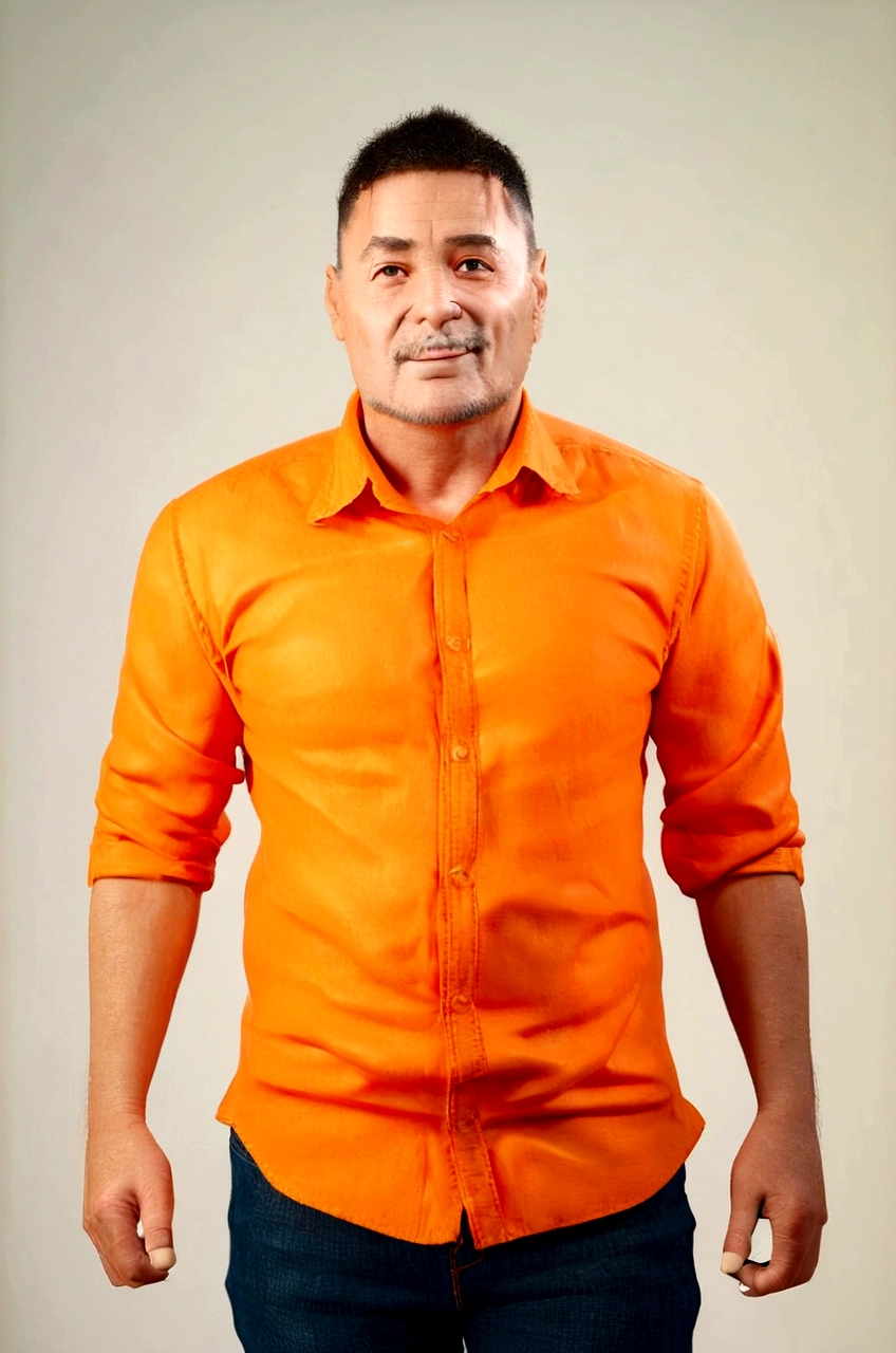 Cartoon character of a man in an orange dress shirt, Grinning, with short black beard, jeans, with the right hand making a thumbs up sign, with your left hand in your pants pocket, no image in the background an animated character, stylized character, animation style rendering, 3d stylized, Arnold Maya rendering, Stylized 3D rendering, toon render screenshot, 3d character, 3d character, Stylized 3D rendering, 3D character rendering, cartoon character, Personagem de close up, character posing, (Pixar-style) (master part:1.2) (bokeh) (best qualityer) (skin detailed) (detailed texture) (8K) (Argilla) (cinematic lighting) (sharp focus,Sit down and lift your upper body