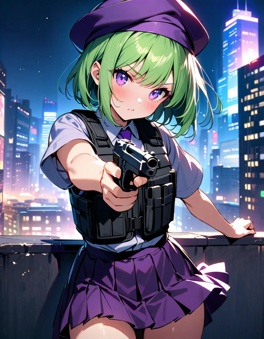 masterpiece, best quality, hires, top-quality、extremely delicate and beautiful、(a teenage girl)、purple eyes、green hair、short-haired、(purple pointy hat)、purple tie、solo、tactical vest、short sleeves. purple skirt, pleated skirt, miniskirt、(holding a pistol in her right hand, (beretta 92fs))、((pointing the gun to the front)). city backdrop, night, noir atmosphere. cowboy shot.