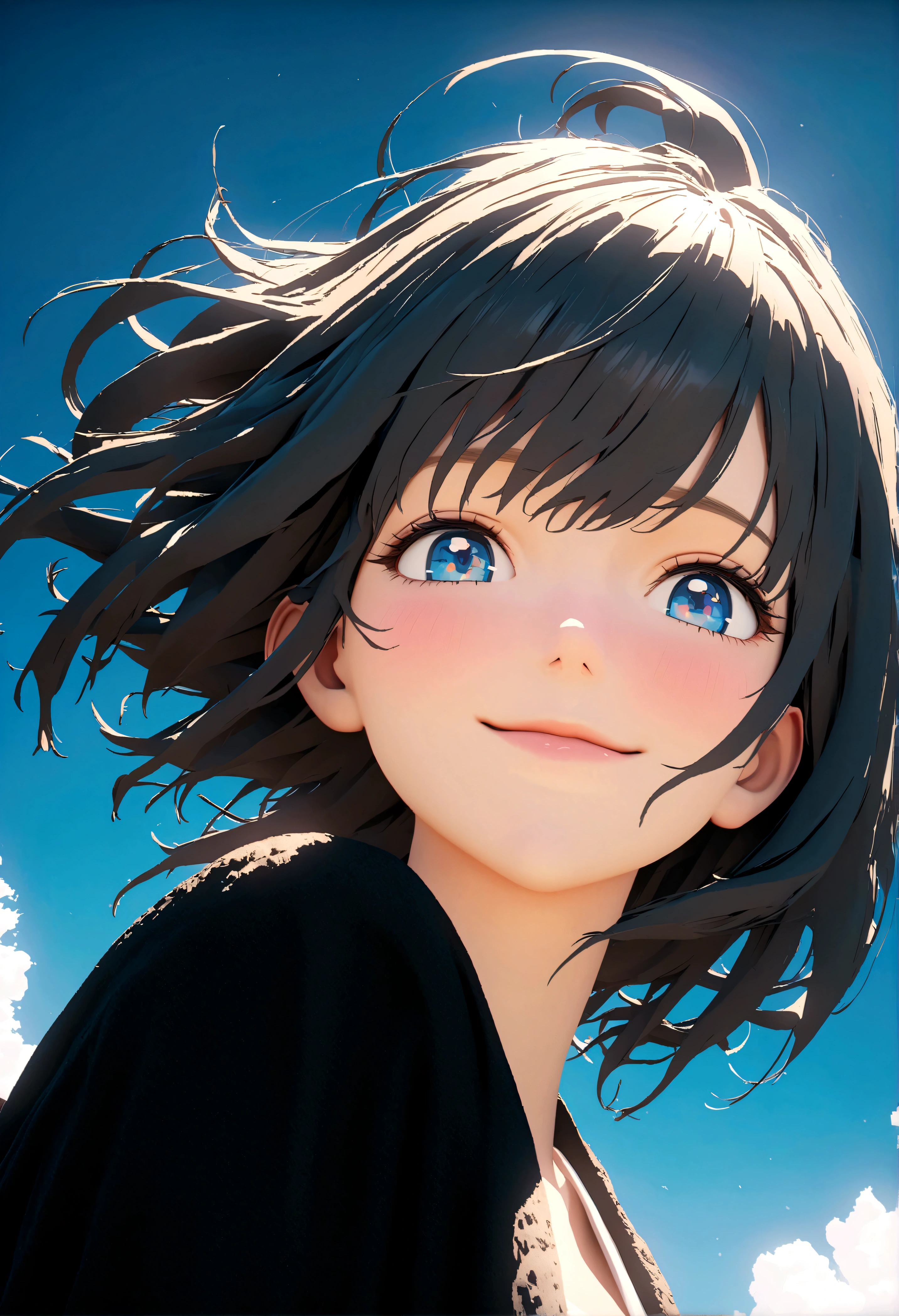 smile, close up face, Young beautiful woman, The blue sky is reflected in your eyes, Professional color correction, ideal, 8 k, ultra detailed, Octane render, Unreal engine, Makoto Shinkai style