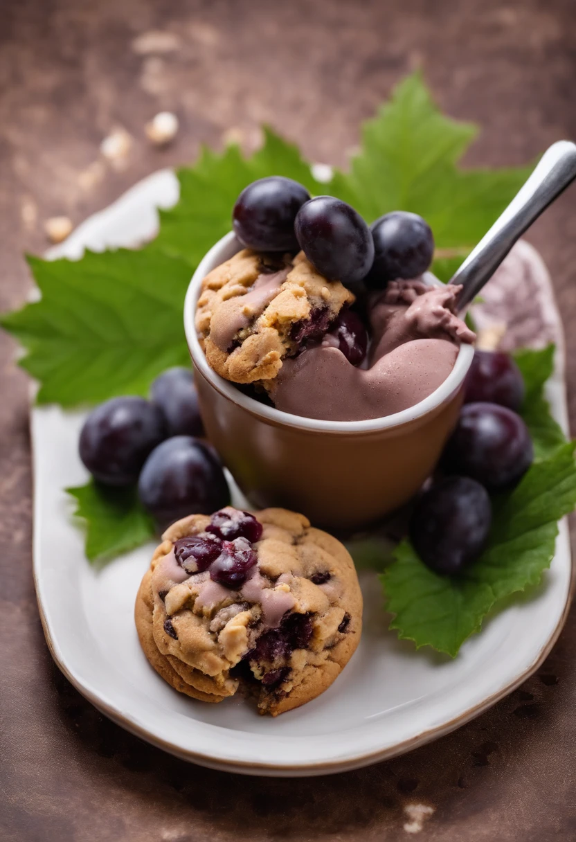 Cookie, Cookie cookie, chocolate, with grape ice cream, chocolate chip cookie with chocolate chips and walnuts, (cookie with grape  ice cream por cima), realisitic, high resolution, 4K, scenario (not nature), Cookies de chocolate with grape ice cream, professional foto, best photographer in the world, grade, optical zoom, cookies com sorvete de uva,  cookies com sorvete roxo, cookie com sorvete de uva 