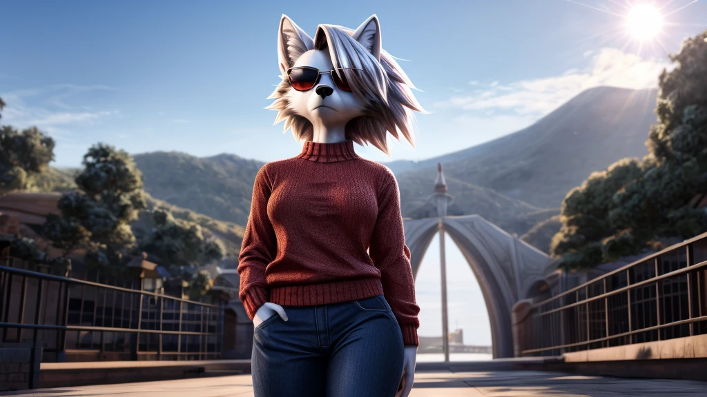 Loona from Helluva Boss, female white wolf, anthro, short white fluffy bob cut hair, sunglasses, she is blind, red sweater, blue pants, mature adult, mommy body, standing, serious, detailed, solo, beautiful, high quality, 4K