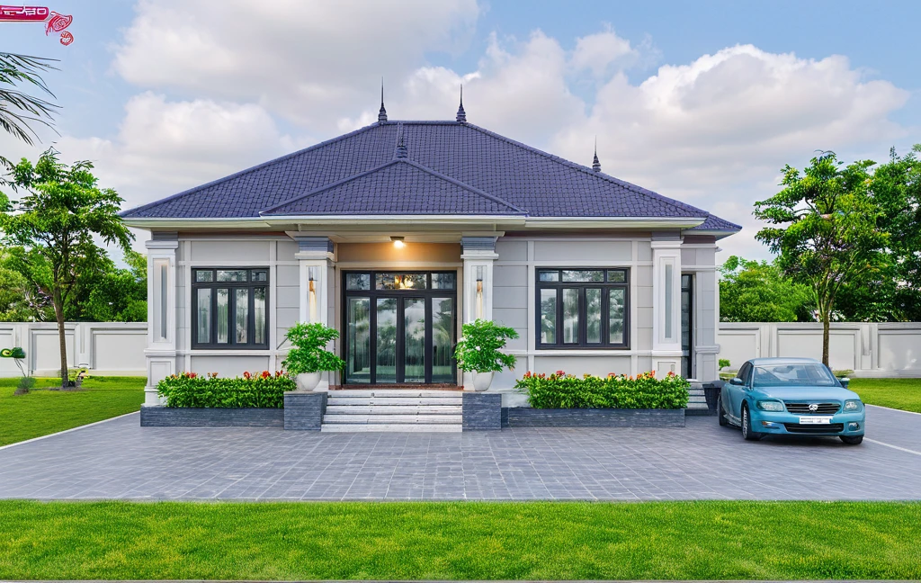 Raw photo,Masterpiece, high quality, best quality, authentic, super detail,
exterior, outdoors, house, Nhamainhat, aiaigroup on the tropical garden, minimalist line,onestoreyvilla, modern style, gray tile roof
brick yard,grass,tropical trees, sky, (day:1.1),Tropical garden background
