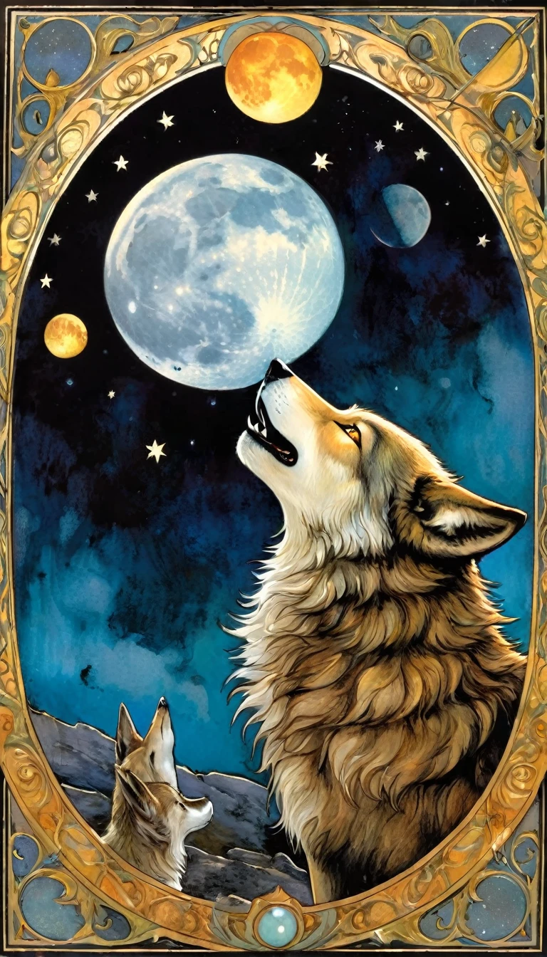((tarot card)) THE MOON ((card frame))a wolf howls at the moon, work by Dave mcKean, vivid colors, intricate details, oil.
