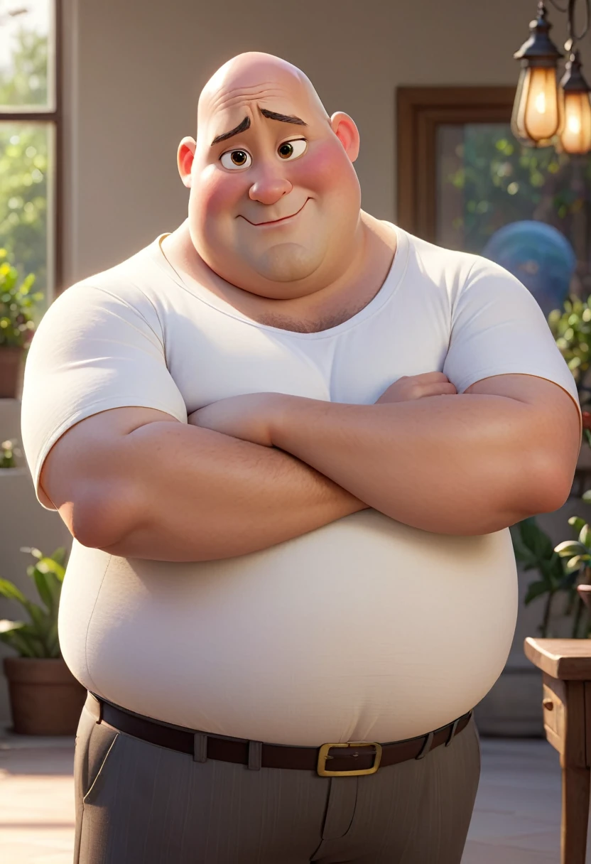 Create a Disney Pixar-style character of a 45-year-old man, baldie, plumpness, chubby cheeks, chin hole, white undershirt, looking at the camera, With arms crossed, foto perfil, commercial shot., face is brightly lit