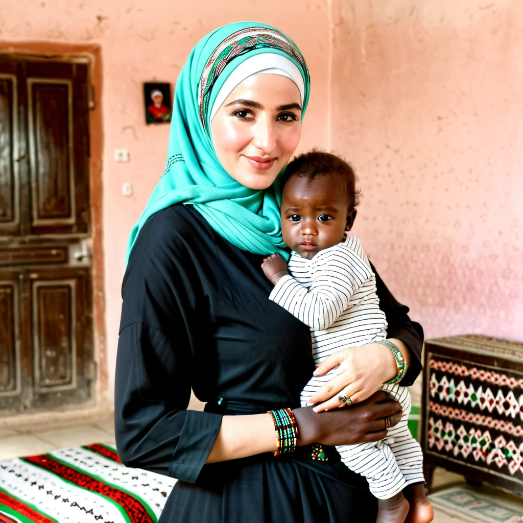 Pale skin Kurdish woman in hijab standing in village room bracelet embracing her ebony African 