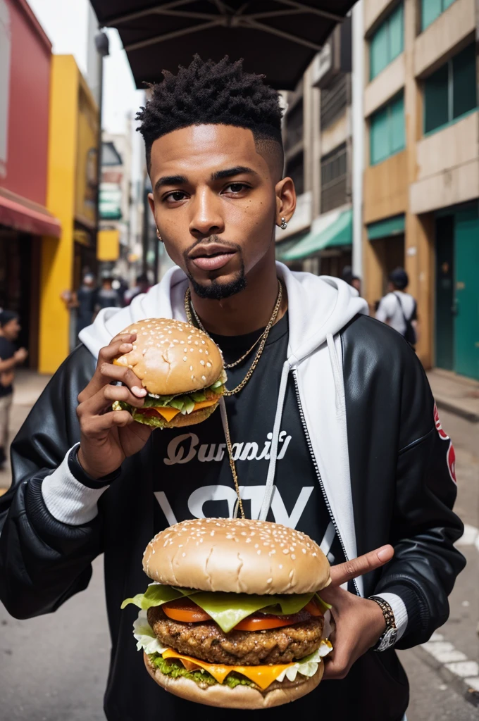 A Rapper eating a hamburger in the city of São Paulo