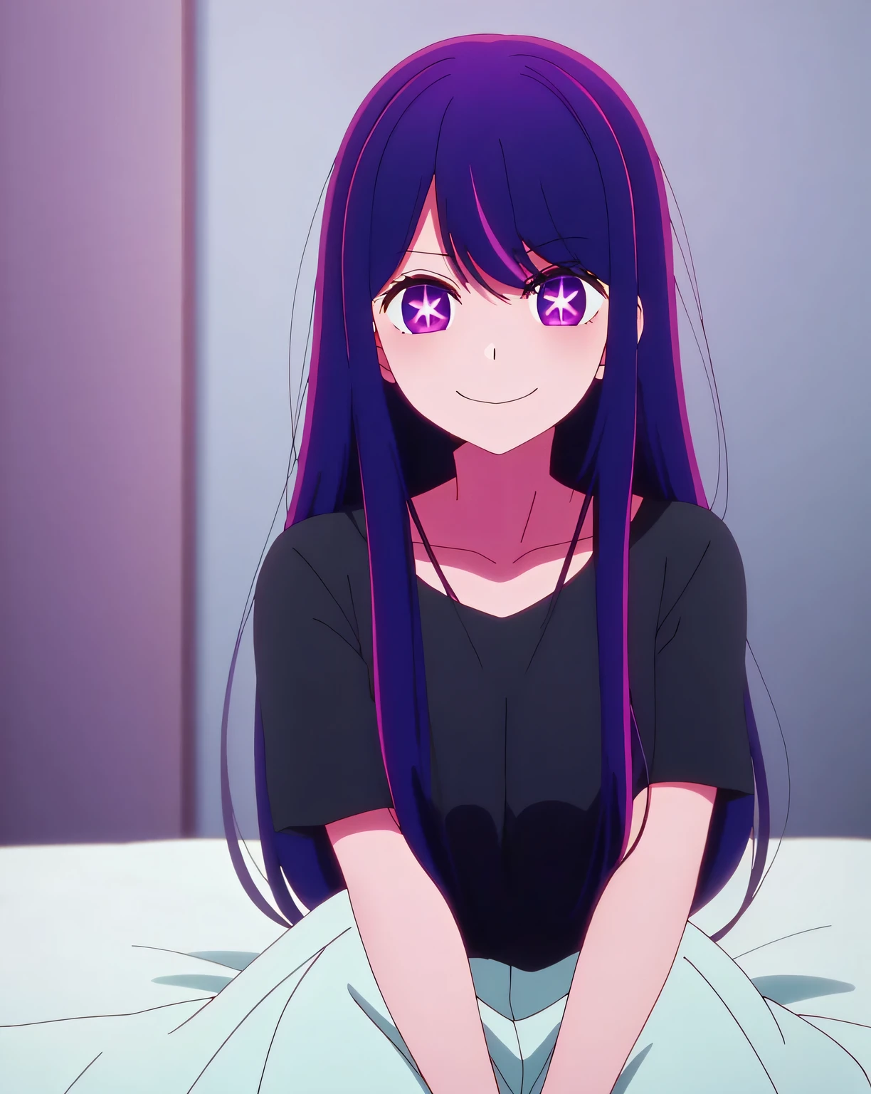 in bed, purple color hair and purple eyes, black t-shirt, anime visual of a cute girl, screenshot from the anime film, & her expression is solemn, in the anime film, in an anime, anime visual of a young woman, she has a cute expressive face, still from anime, red cheek, lustful face, fair skin, look, looking at the viewers with a cute smile on her face, make her as cute as possible