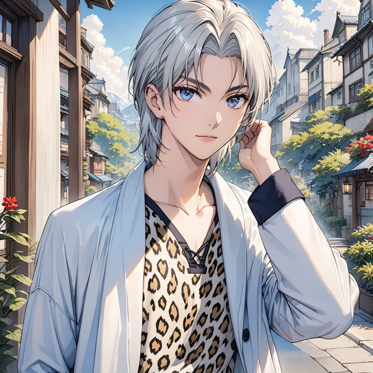  Masterpiece, (Best Quality), (High Detail), (Best Illustration), (Detailed Background), (Very Aesthetic), Boy 1, white hair, blue eyes, white coat, leopard print shirt, standing, looking To the viewer, 