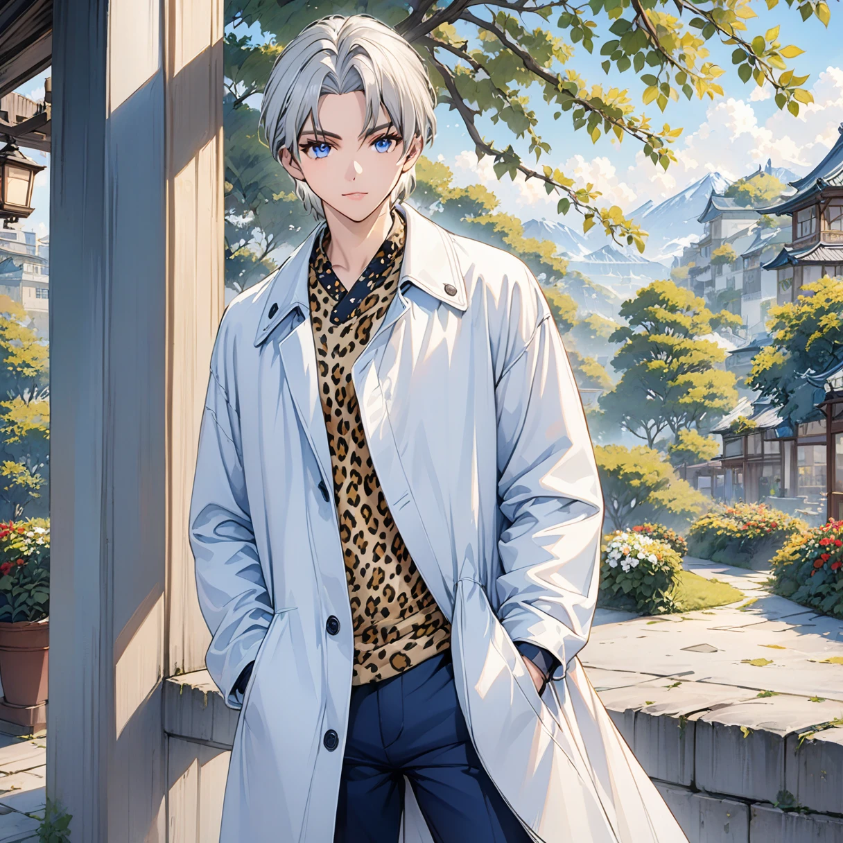  Masterpiece, (Best Quality), (High Detail), (Best Illustration), (Detailed Background), (Very Aesthetic), Boy 1, white hair, blue eyes, white coat, leopard print shirt, standing, looking To the viewer, 