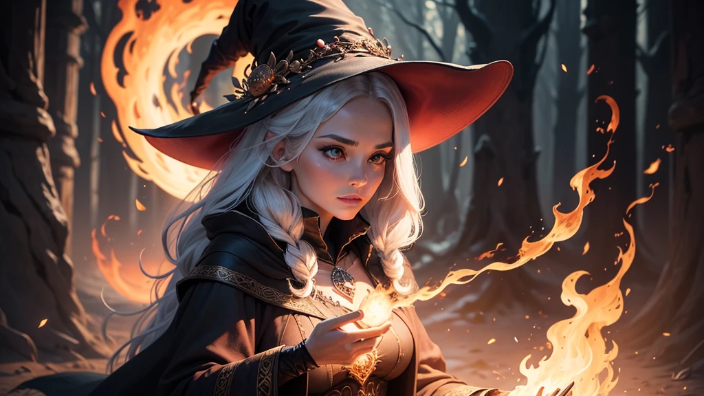 Make a beautiful fire magic sorceress, wearing a nice big witch's hat, with short stylish flaming red hair, posing sensually with his magic staff in the air, launching a large ball of fire into the sky, shining bright eyes, usando um bodysuit sensual, ripped tights and beautiful boots with witchy high heels, showing off her beautiful toned body with beautiful curves, big breasts thin waist, abedome defined, environment of a gloomy forest on fire everywhere, depth effects, effects of fire particles, image with lots of details, full body view, beauty of flaming colors