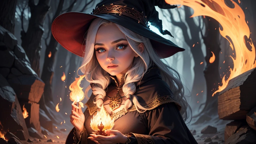 Make a beautiful fire magic sorceress, wearing a nice big witch&#39;s hat, with short stylish flaming red hair, posing sensually with his magic staff in the air, launching a large ball of fire into the sky, shining bright eyes, usando um bodysuit sensual, ripped tights and beautiful boots with witchy high heels, showing off her beautiful toned body with beautiful curves, big breasts thin waist, abedome defined, environment of a gloomy forest on fire everywhere, depth effects, effects of fire particles, image with lots of details, full body view, beauty of flaming colors