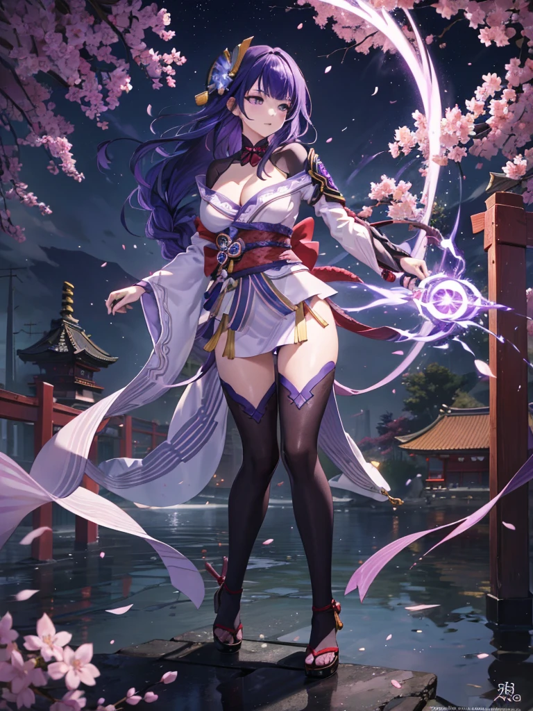((Full body image:1.4))Japanese Shrines, (Highest quality,Realistic,masterpiece:1.2,8k wallpaper:1.2),((Pale skin)),One Girl,women only,((raidenshogndef))((Genshin Impact,General Raiden)),Lightning Particles,Purple Lightning,Light background,cherry blossoms,Purple Theme,Delicate facial features,Sexy and beautiful anime girls,General Raiden,Long purple hair,Rosy lips,Anime Mouth,(Very sad face),large breasts, Beautiful cleavage,Slender figure、Thin legs