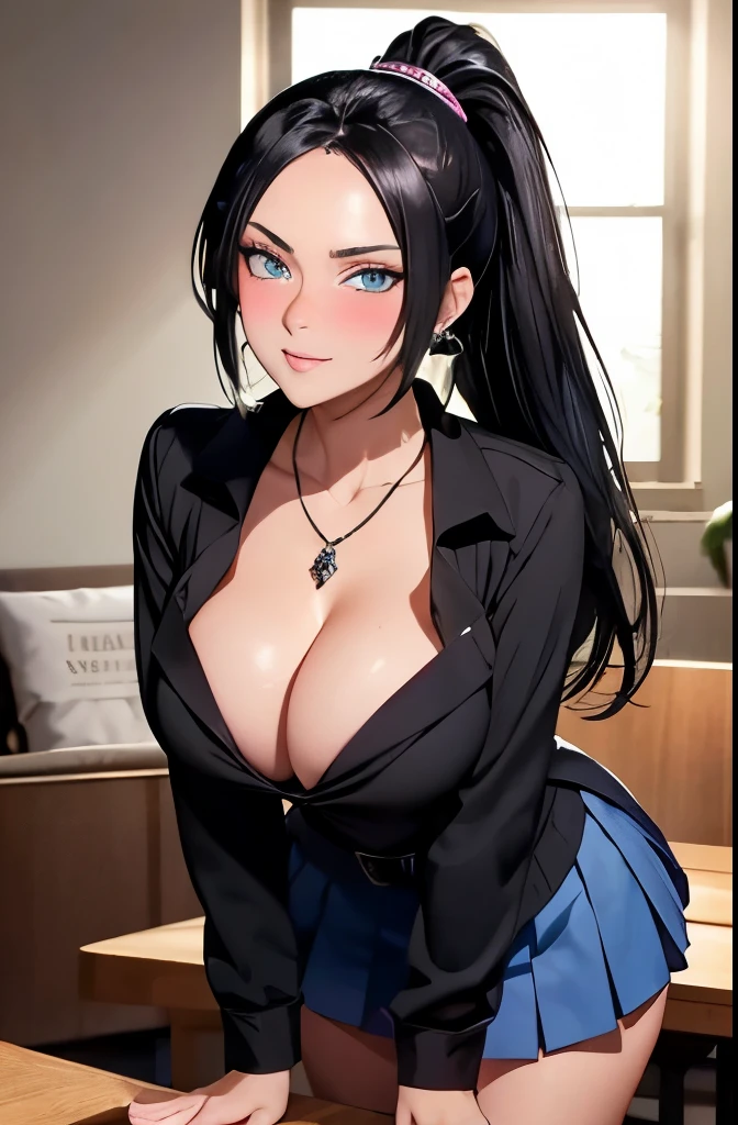 raven black hair in a high ponytail, crystal blue eyes, sassy 25 years old,  busty, cleavage, unbuttoned , skirt, standing, coy smile,  open parted lips, (blushing:1.3), looking invitingly at the viewer, facing the viewer, livingroom background, leaning forward on table, (pov), glowing eyes, necklace, earrings, nsfw, 