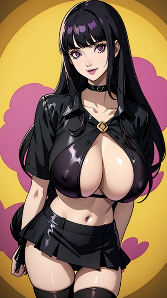 1 girl, milf, purple eyes, very long hair, hair bangs, straight hair black choker, black lipstick, smile, black hair, huge breast, bikini, micro skirt, stockings, cowboy shot