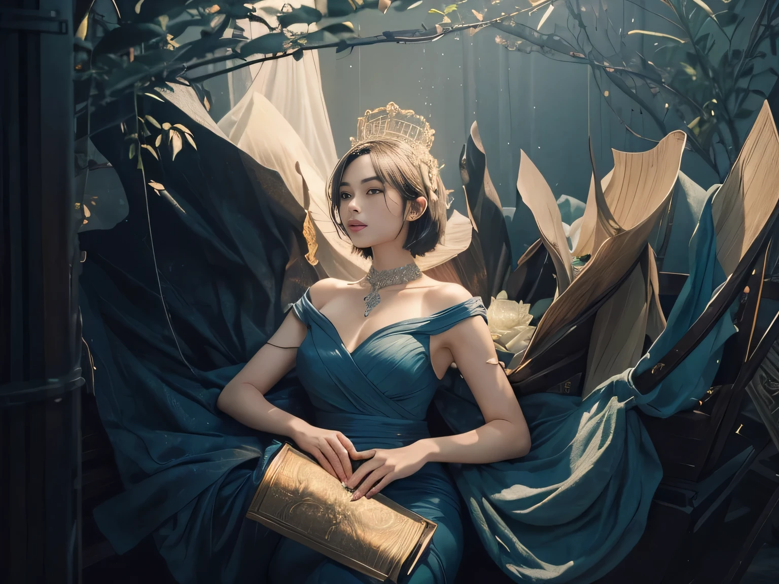 (Best quality, 8k, 32k, Masterpiece, UHD:1.2) "Generate a captivating artwork featuring a young Japanese girl model with short, sleek black hair styled in a chic bob haircut. Envision her bathed in dramatic cinematic lighting, creating an atmosphere of allure and mystery. Emphasize a romantic aesthetic vibe, showcasing the model in a poised and elegant pose that evokes a sense of intimacy and sophistication. Utilize warm and soft tones to enhance the romantic ambiance, and consider incorporating elements like flowing fabrics or flowers to add a touch of ethereal beauty. Capture the essence of romance and beauty through the model's expression, the play of light and shadows, and the overall aesthetic, creating a visually compelling and emotionally resonant piece." (perfect eyes), flawless skin, flawless face, cinematic, tight body, ((well-proportion female hands)), ((female hands with five digits))