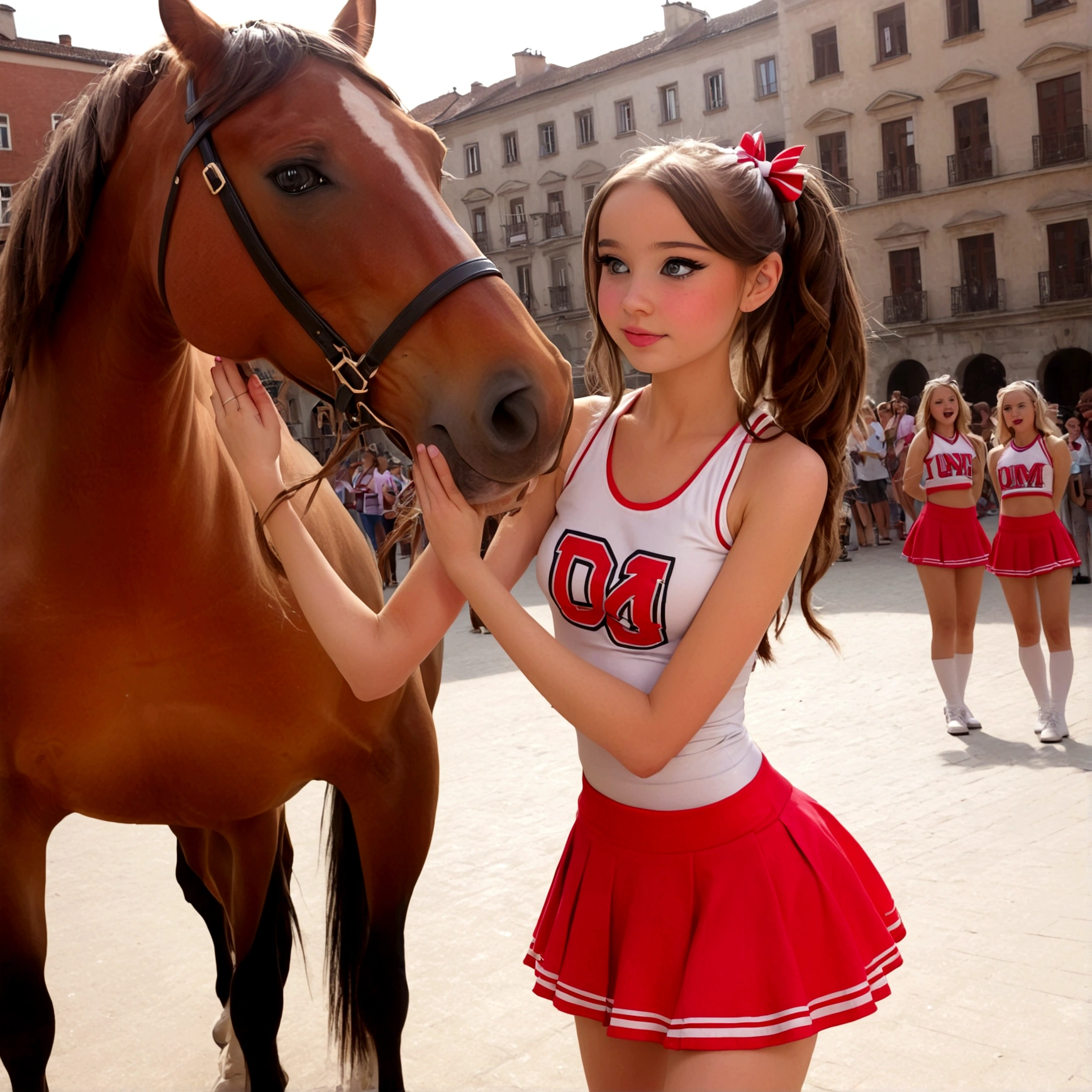 draw a little pre-primary school girl dressed as a cheerleader, cum on face, she is in a public square next to a big horse holding the horse&#39;s penis and jerking off to the horse