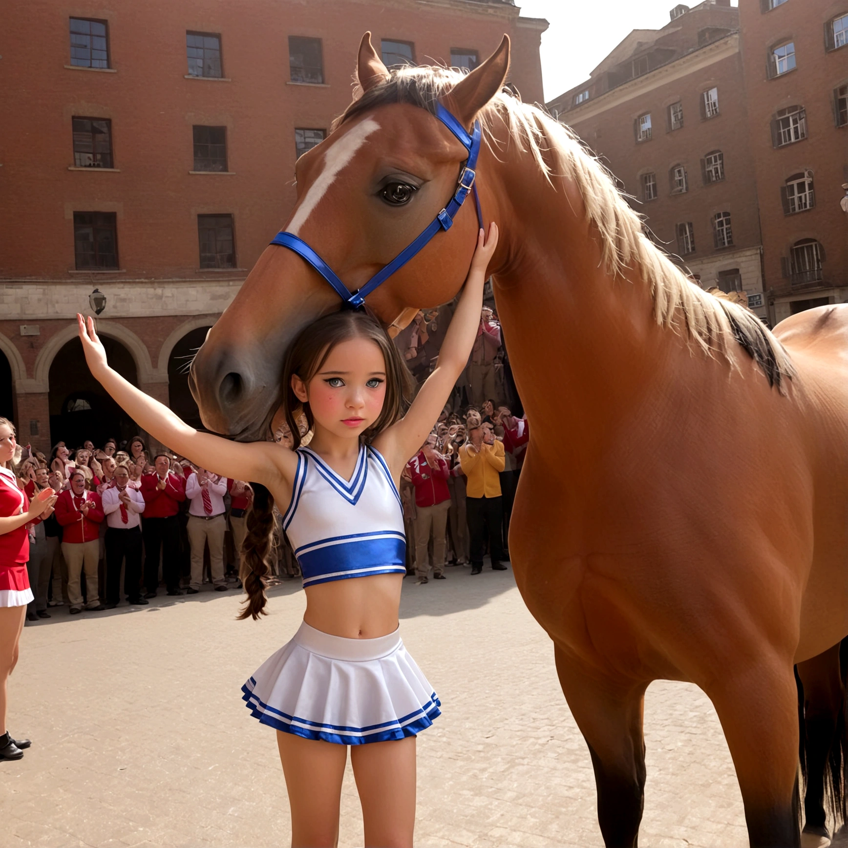 draw a little pre-primary school girl dressed as a cheerleader, cum on face, she is in a public square next to a big horse holding the horse&#39;s penis and jerking off to the horse