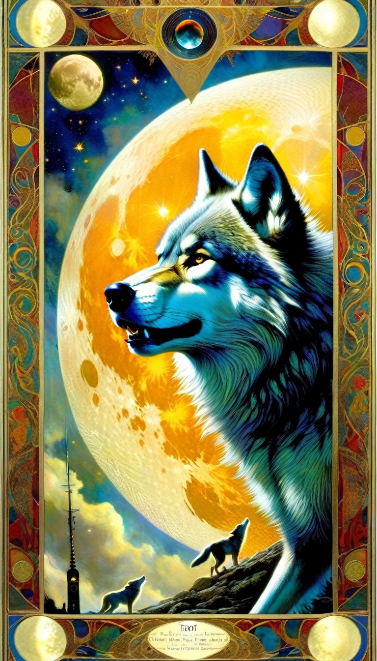 ((tarot card)) THE MOON ((card frame))a wolf howls at the moon, work by Dave mcKean, vivid colors, intricate details, oil.
