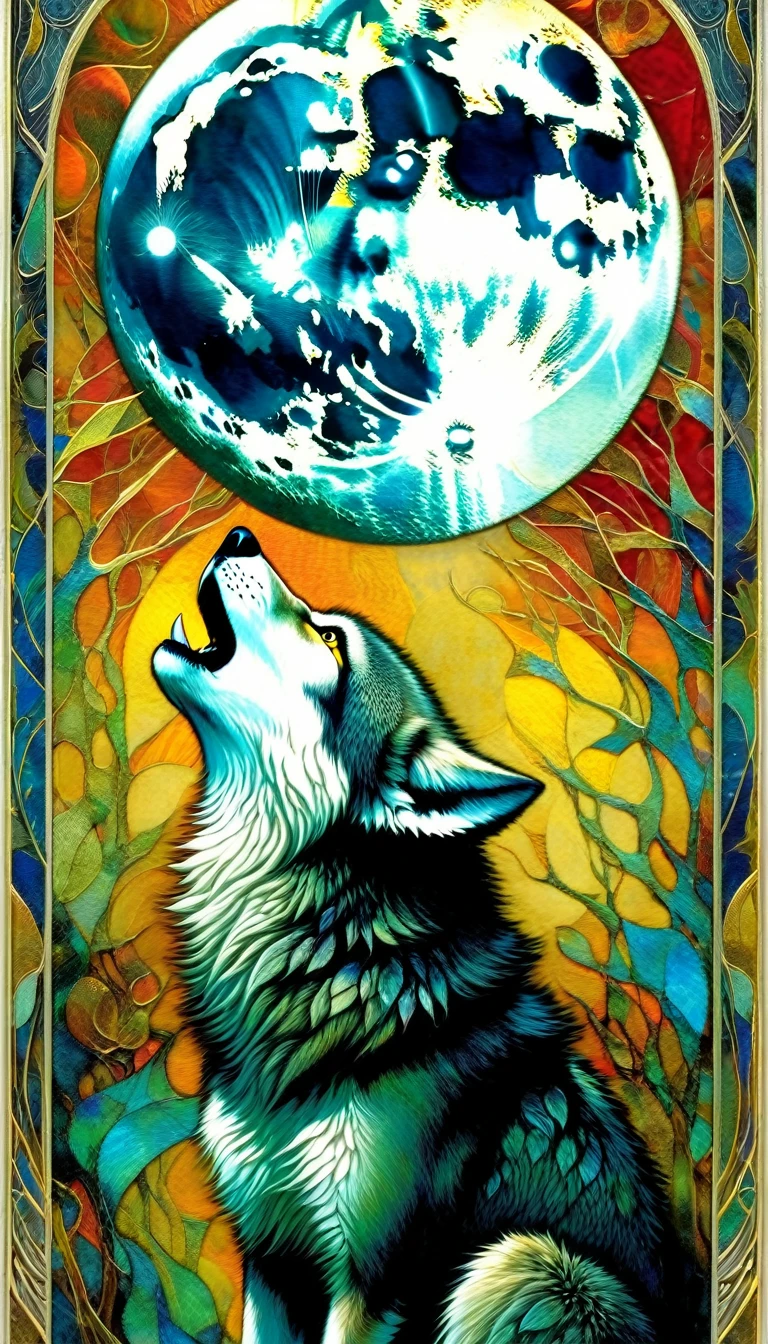 ((tarot card)) THE MOON ((card frame))a wolf howls at the moon, work by Dave mcKean, vivid colors, intricate details, oil.