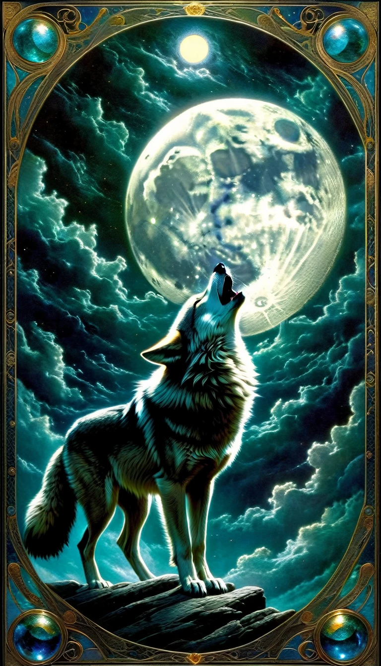 ((tarot card)) the moon, a wolf howling at the moon, digital art, intricate details, masterpiece, 8k, photorealistic, cinematic lighting, dramatic moonlight, vibrant colors, moody atmosphere, fantasy, dark and mysterious, illustration by dave mckean, oil painting style