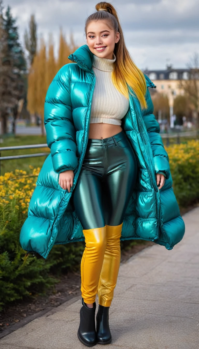 ultrarealistic high quality full body photo of a beautiful busty slim european 18-year-old woman with cute hyperdetailed shy face and dyed yellow straight long ponytail and shy smile , realistic round hazel eyes, natural lips, light makeup, wearing shiny metallic teal puffer coat and leather pants, hourglass body, outdoor photography, tanned, nsfw
